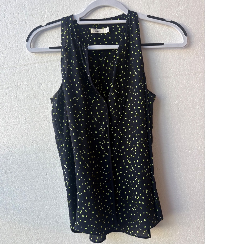 A.L.C. 100% Silk Polka Dot Sleeveless V-Neck Blouse Tank Top Black Neon